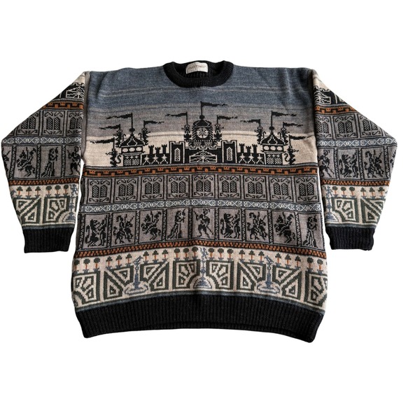 Past Times UK VTG 90s 100% Wool Castle Scene Ren Fair Grandpa Pullover Sweater L - Picture 1 of 9